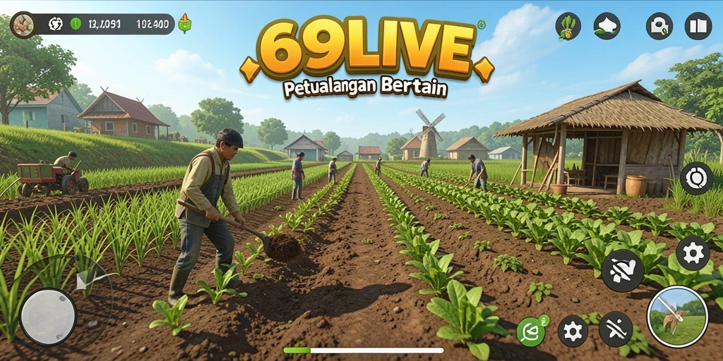 Screenshot gameplay 69LIVE yang menunjukkan serunya bertani dan merawat hewan.