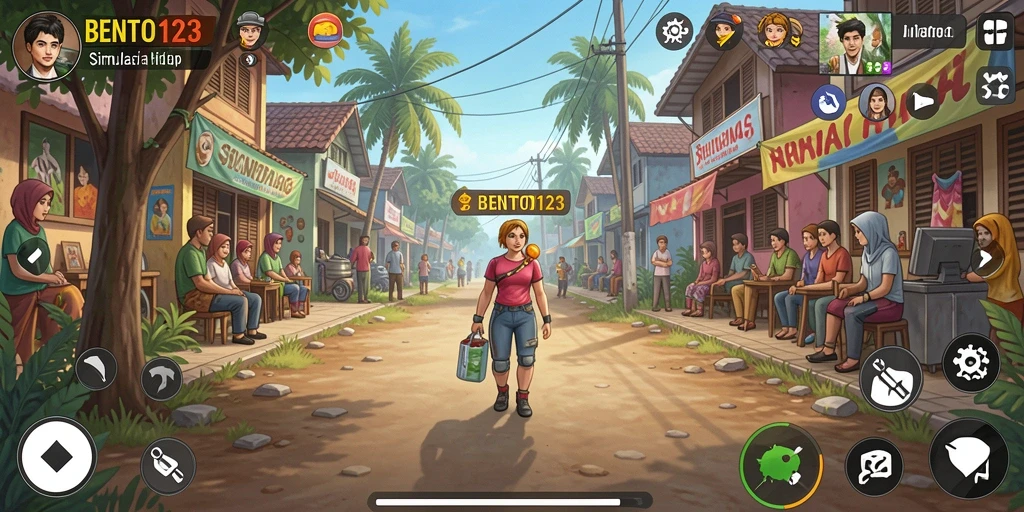 Screenshot gameplay BENTO123 menunjukkan interaksi karakter dalam simulasi.