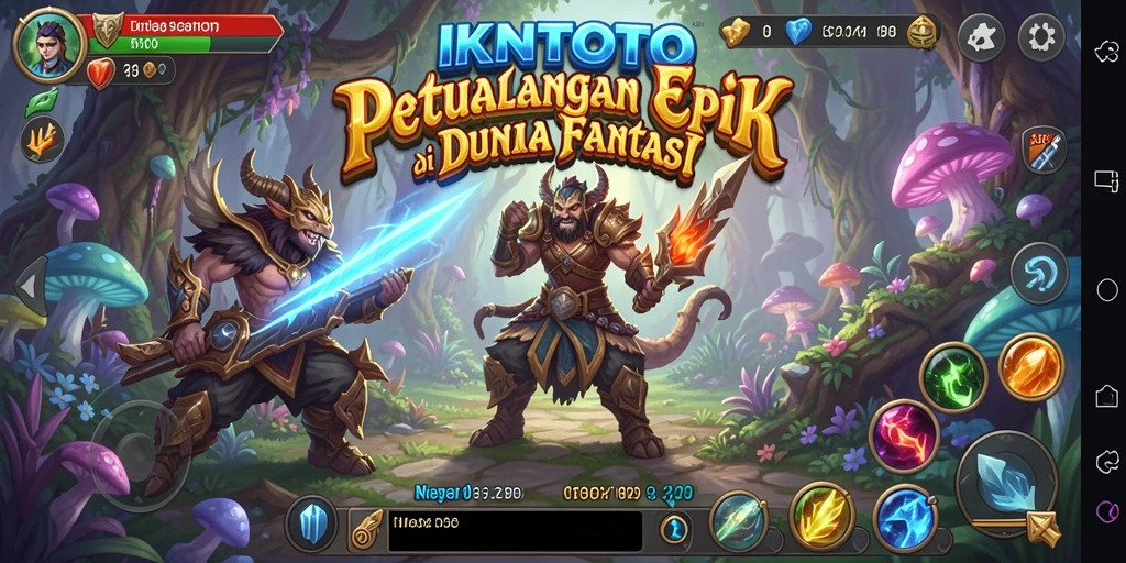 Screenshot gameplay IKNTOTO menampilkan karakter dengan latar belakang fantastis.