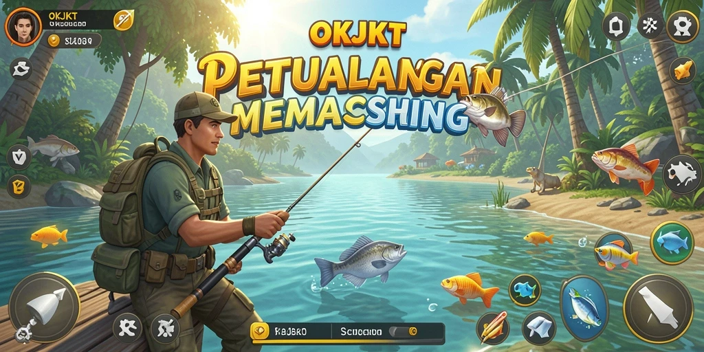 Tampilan gameplay OKJKT yang menampilkan aksi memancing seru.