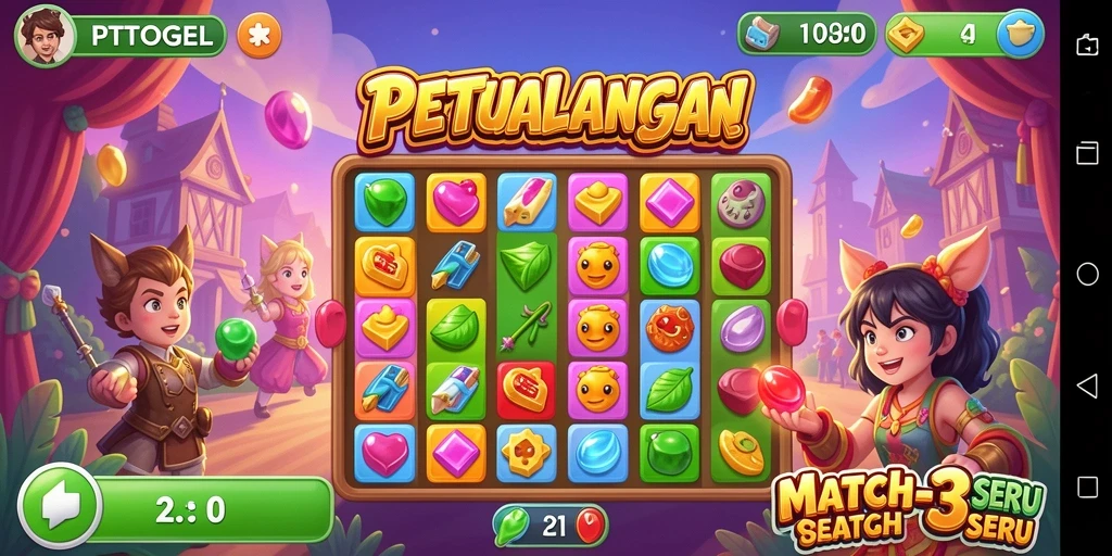 Tampilan gameplay PTTOGEL dengan tantangan Match-3 yang memikat.